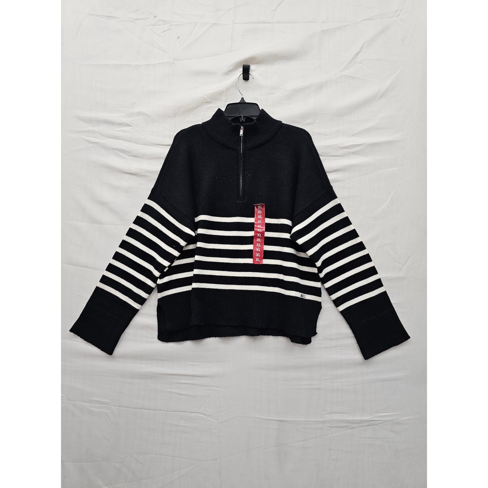 DKNY Womens Quarter Zip‎ Pullover Sweater Black Rayon Blend Striped Size XL